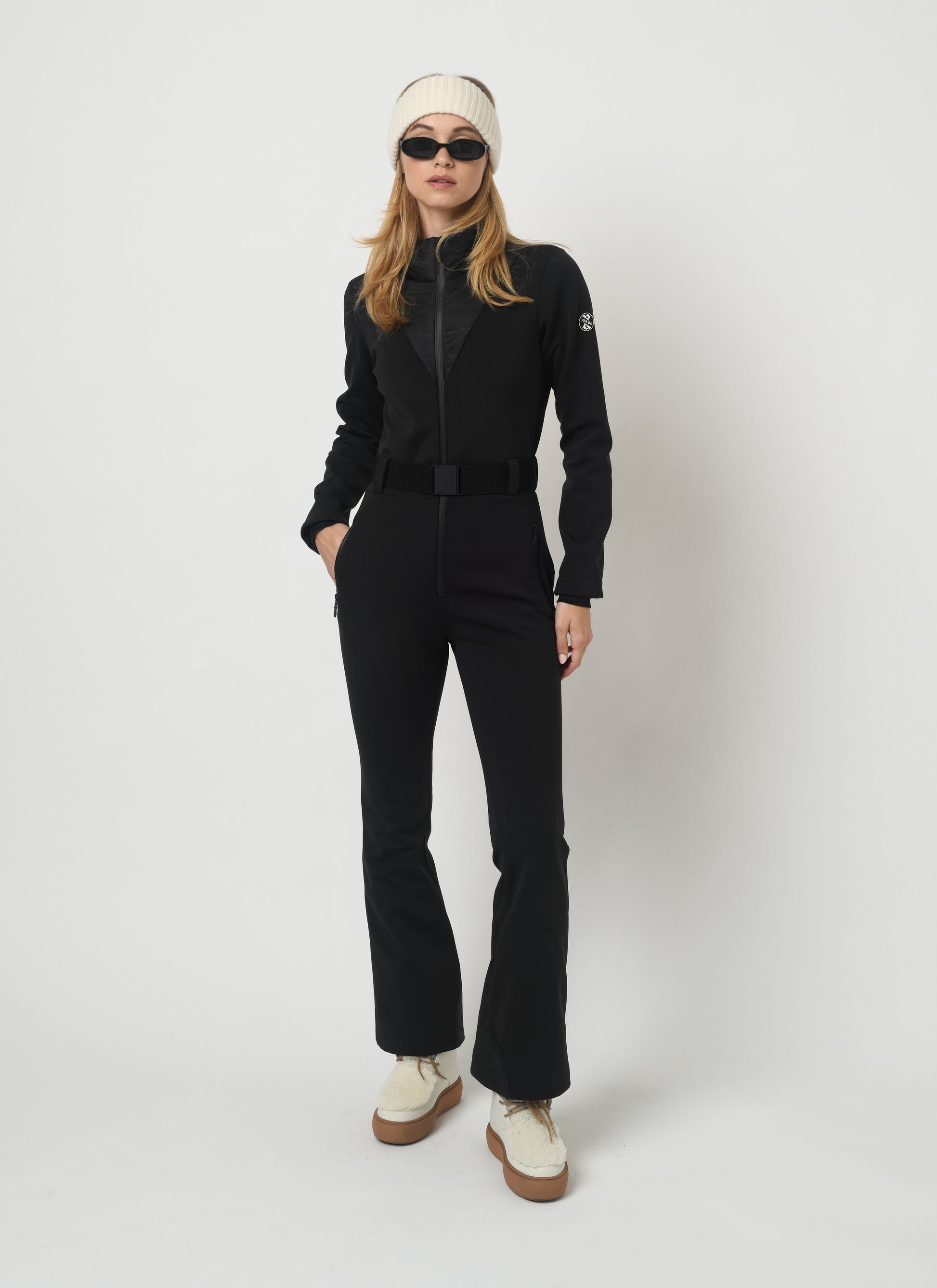 Black one piece women's apres ski suit