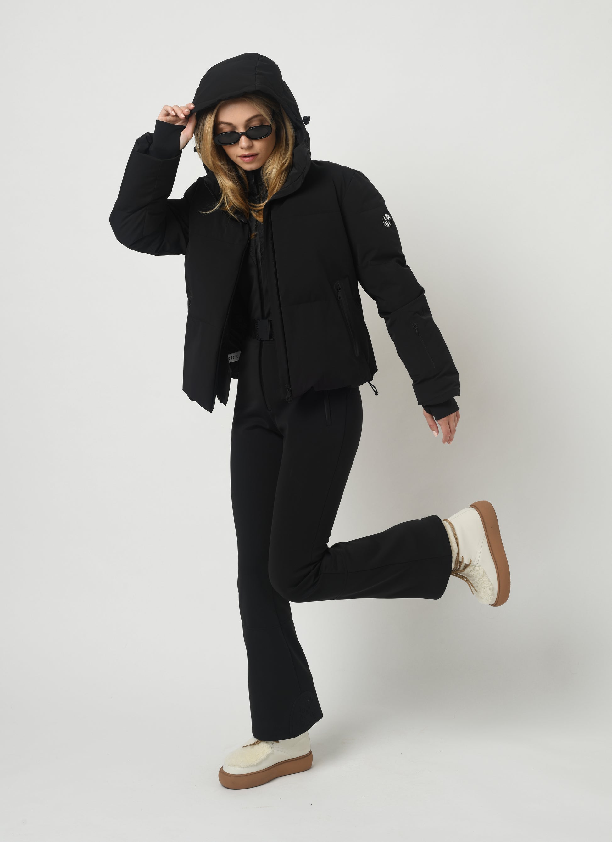 Black one piece women's apres ski suit
