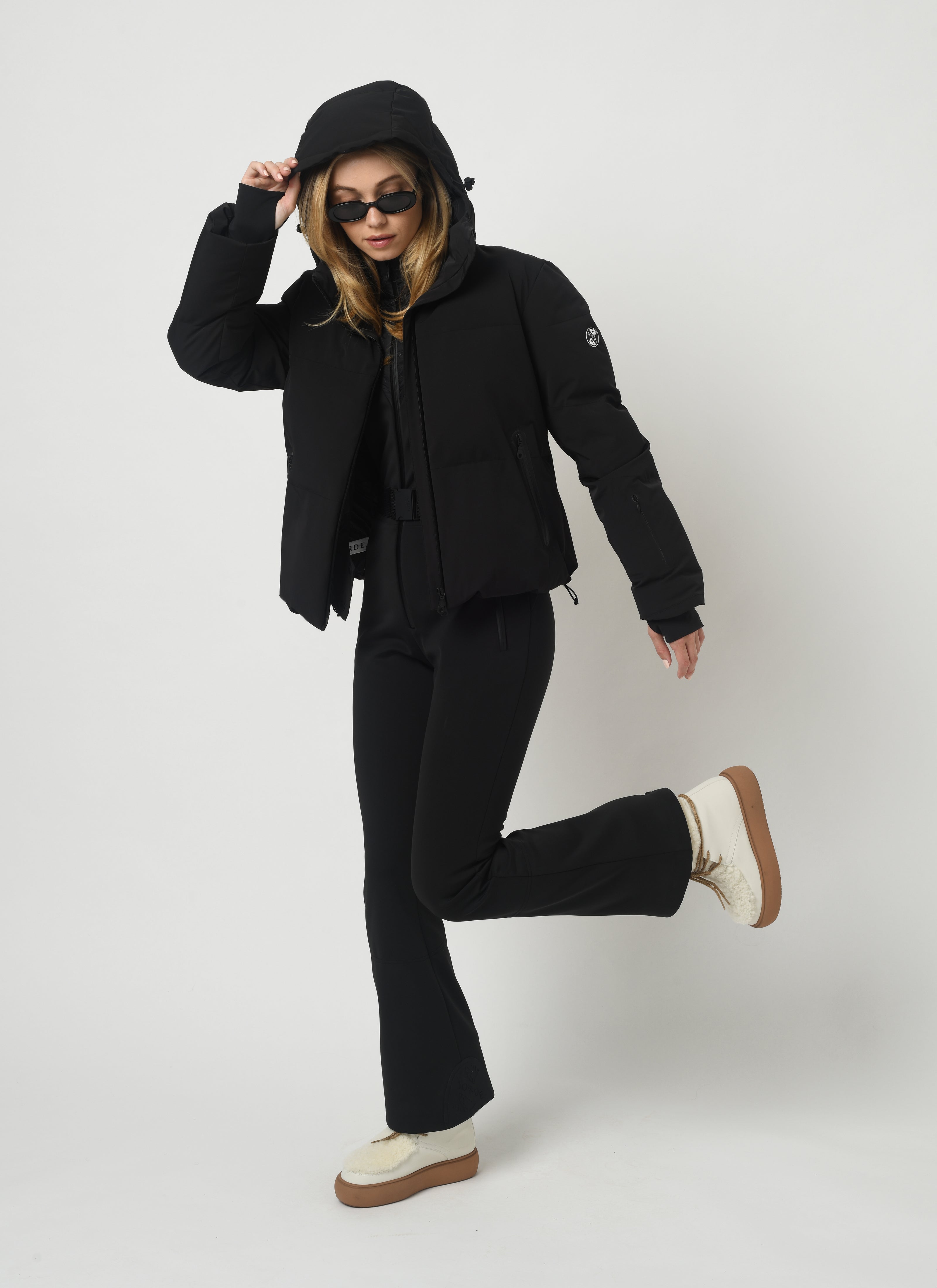 Black one piece women's apres ski suit